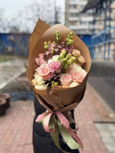 Букет (троянда садова, хамелаціум, троянда, еустома) 2526 фото